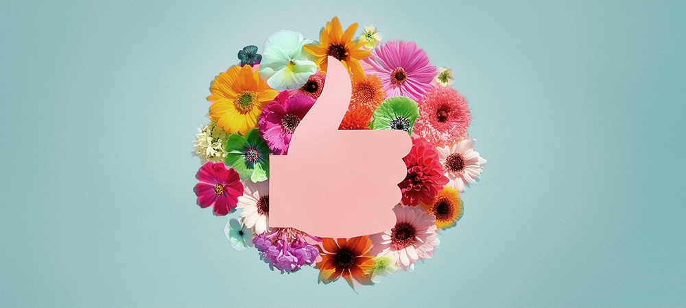Silhuetten av en rosa hand som ger tummen upp ovanpå en cirkel av blommor. Blå bakgrund.
