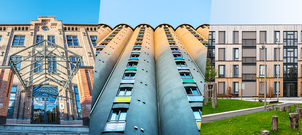 Tre bilder på olika hus, en gammal fabriksbyggnad, ombyggda silos och nybyggda fyravåningshus i trä
